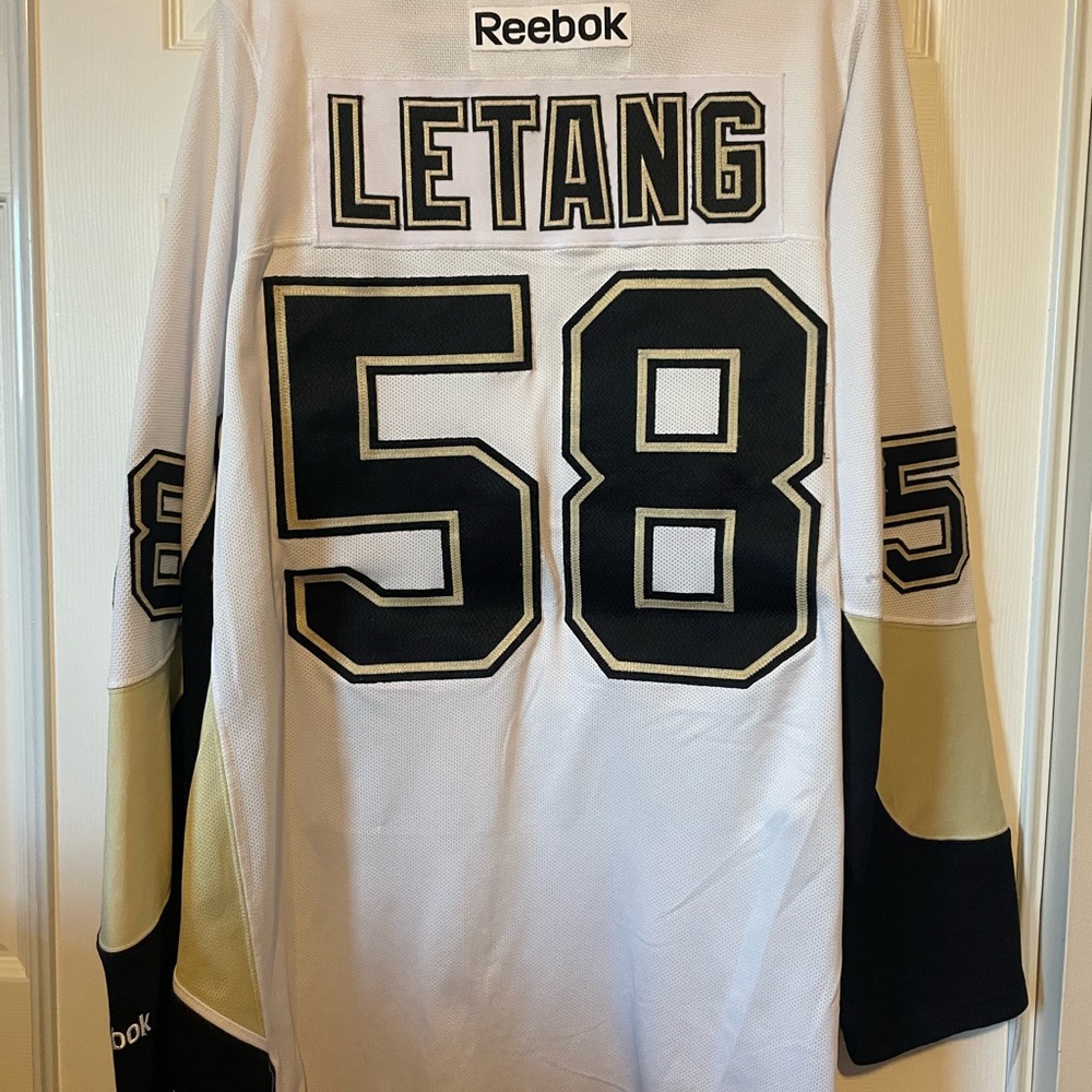 Reebok Kris Letang Pens 3X White and Black Hockey Jersey with Gold Accents